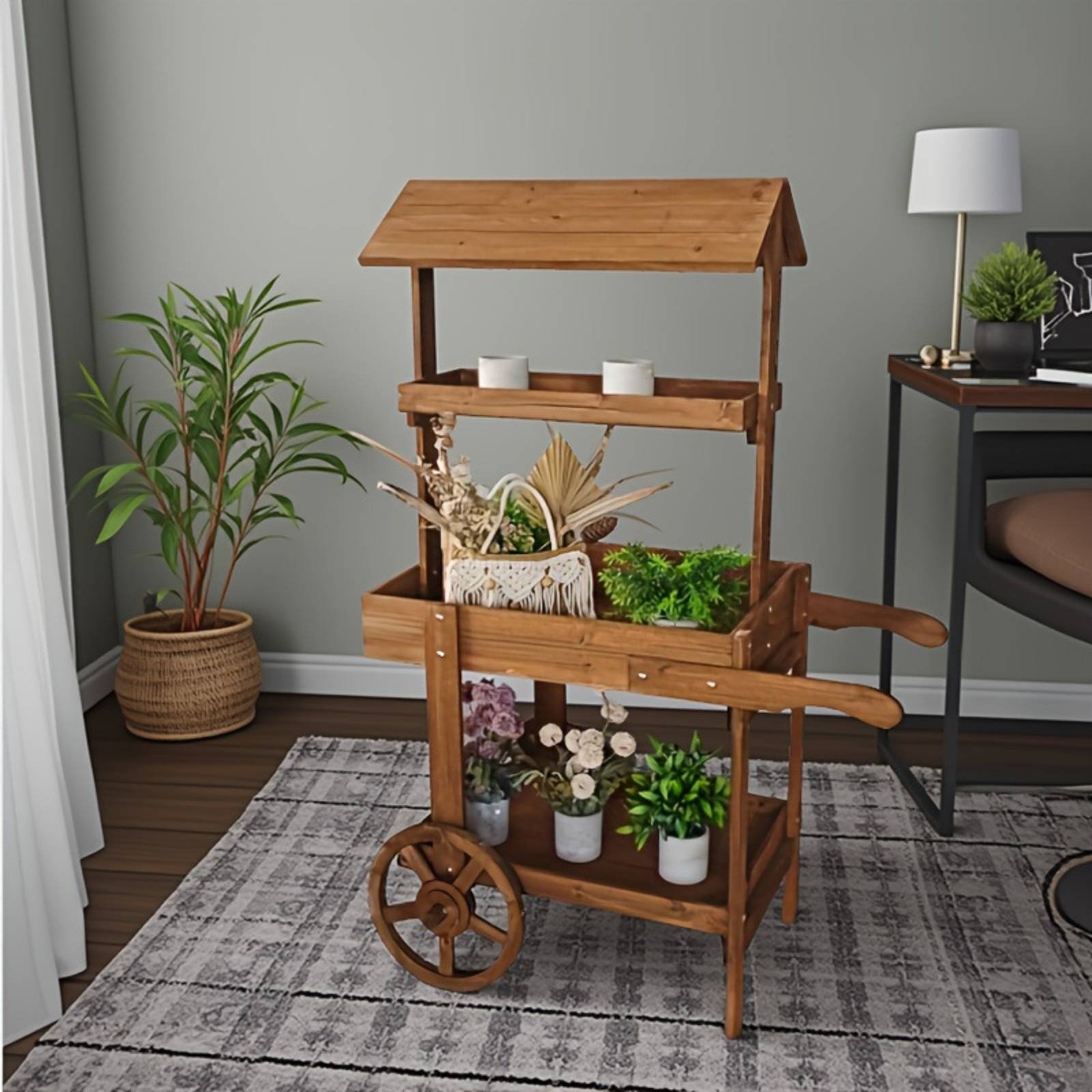Home Decor Flowers - Chariot à fleurs en bois avec